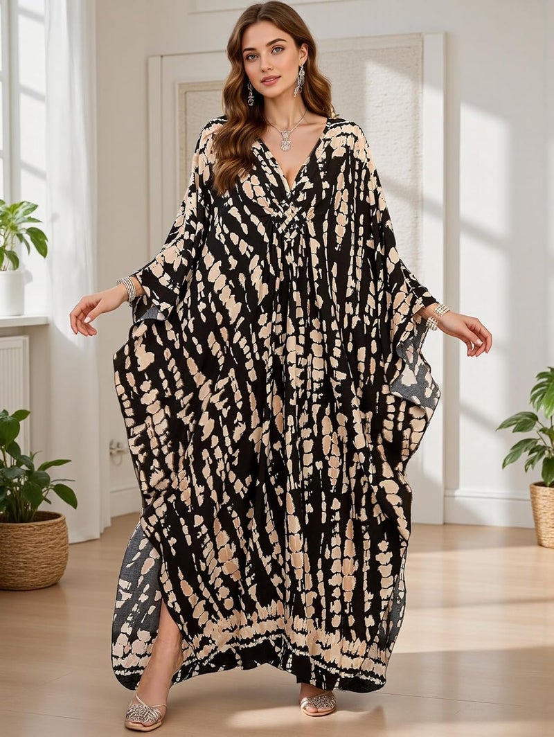 IMAGEKOPE Women's Plus Size Animal Print V-Neck Batwing Kaftan Beach Dress Bathing Suit Cover-Up Loungewear - Image 5